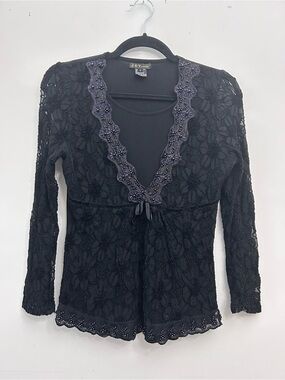 Black Lace Y2K Babydoll Long Sleeve Beaded Trim Whimsigoth Grunge Top